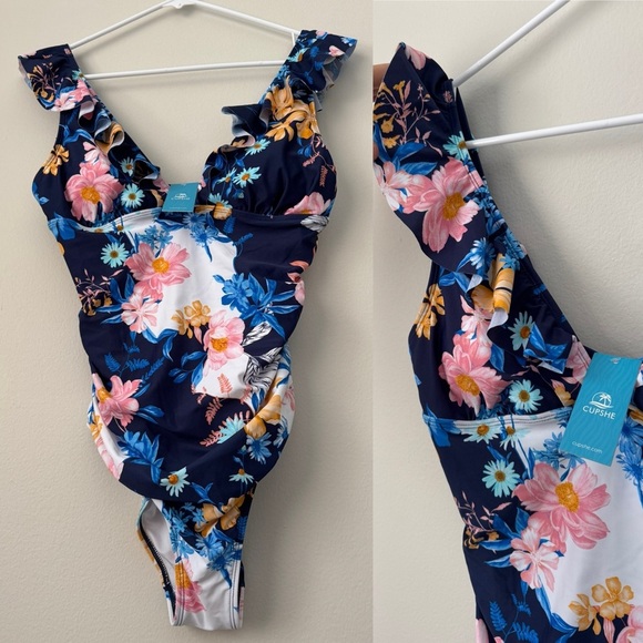 Elegant Sunny Flower Ruffled Lace-Back One Piece Swimsuit Size L NWT - Picture 2 of 14